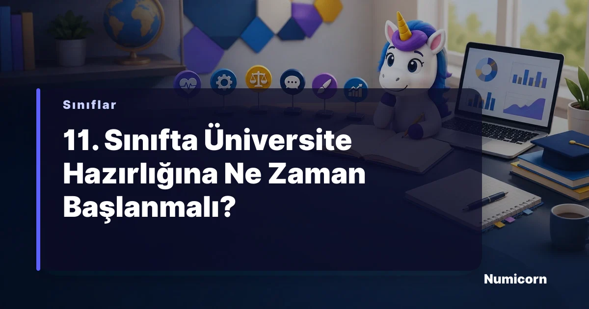 11. sınıf öğrencisi masasında ders çalışıyor, arkasında üniversite hedefi sembolleri var.