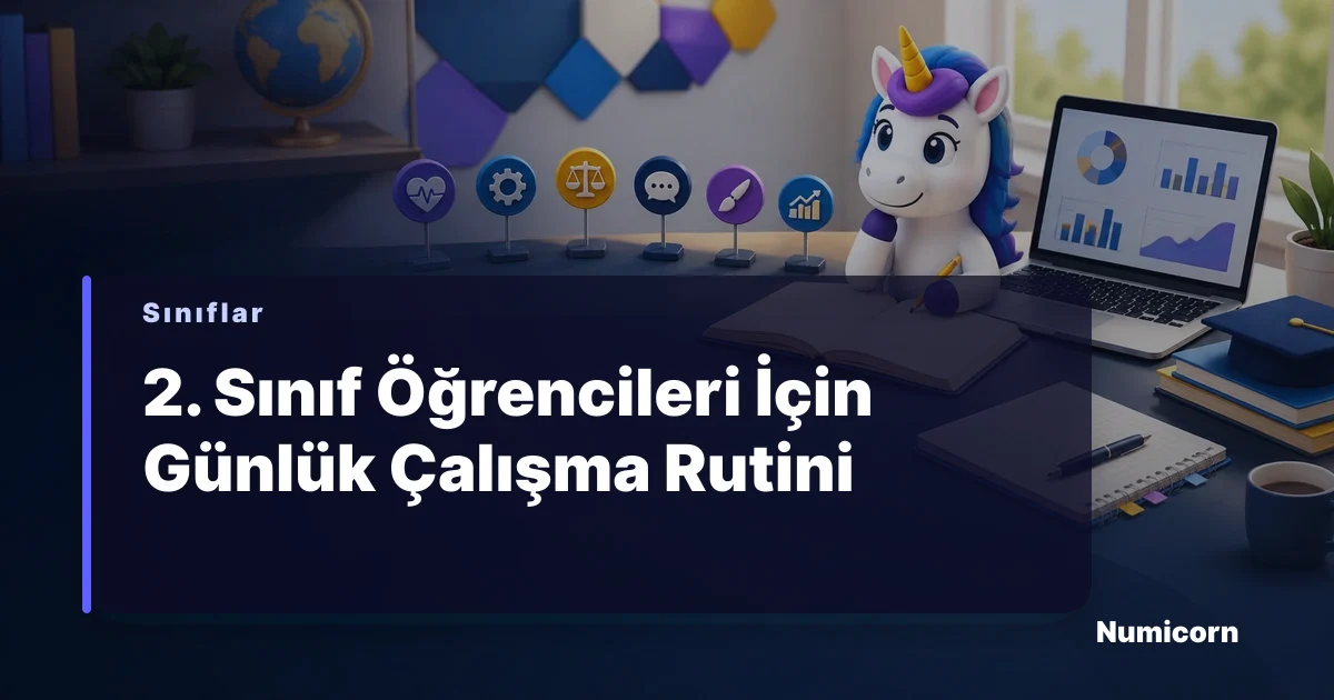 2. sınıf öğrencisinin masasında ders çalışması, kitaplar ve renkli kalemler.