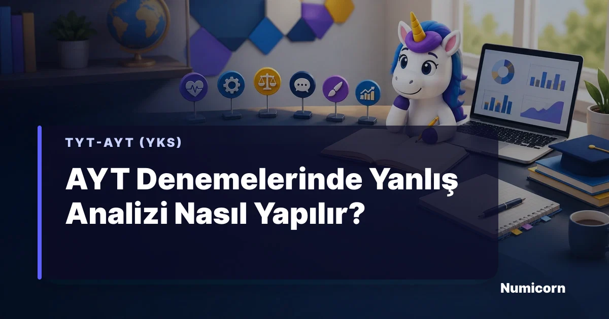 AYT denemelerinde yanlış analizi tablosunu inceleyen Numicorn maskotu