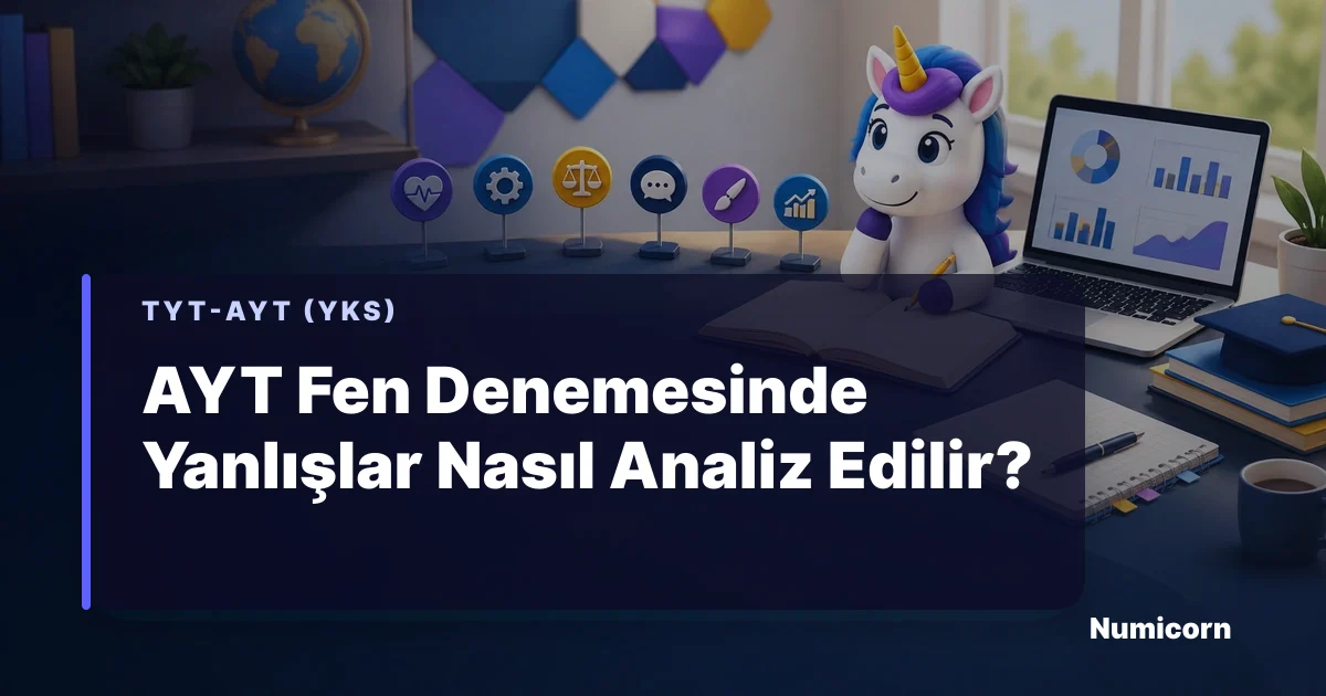 AYT fen denemesi yanlış analiz tablosunu inceleyen Numicorn maskotu