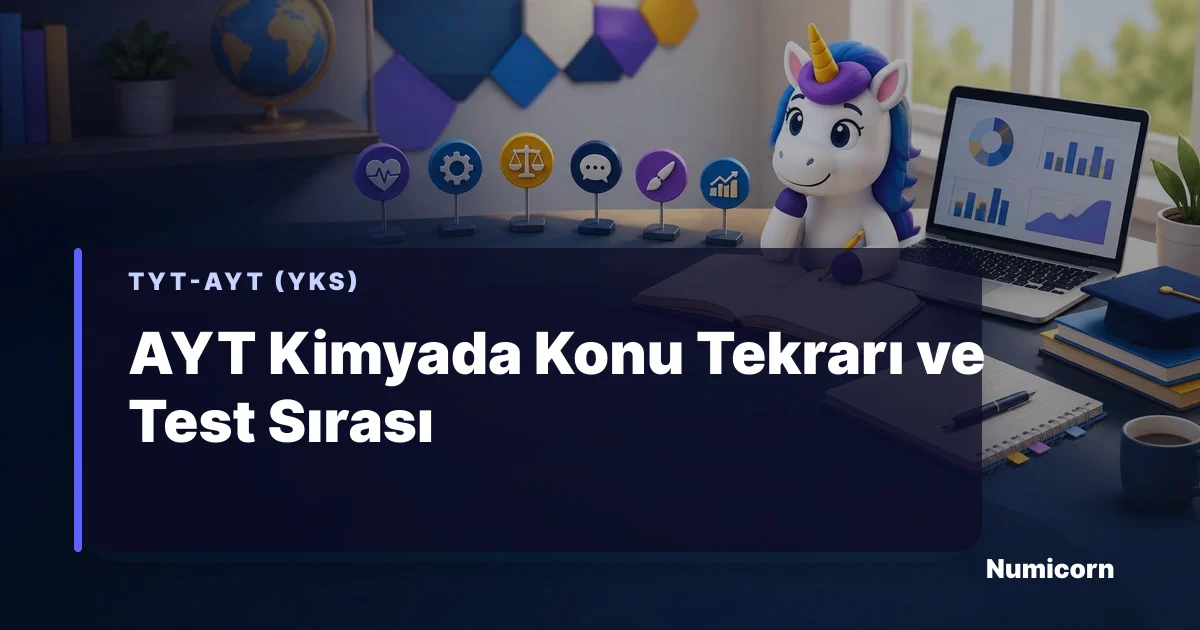 AYT Kimya konu tekrarı ve test sırası planlayan Numicorn maskotu