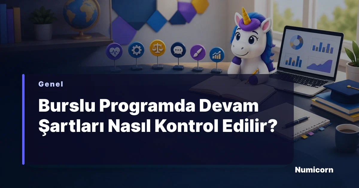 Burslu program devam şartları kontrol listesini inceleyen Numicorn maskotu