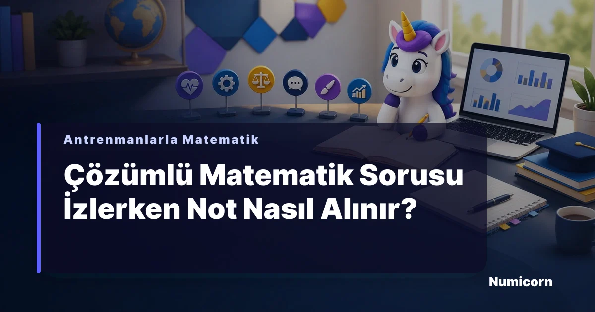 Çözümlü matematik sorusu izlerken not alan Numicorn maskotu