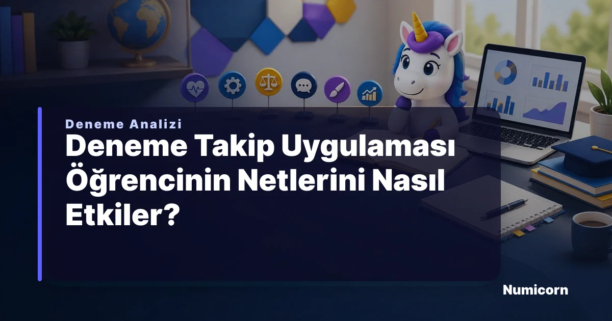 Numicorn maskotlarıyla deneme takip uygulaması, net analizi, grafikler ve çalışma istatistikleri görseli