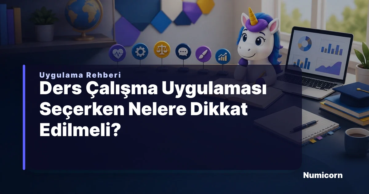 Numicorn maskotlarıyla ders çalışma uygulaması özellikleri, pomodoro, AI destekli soru çözümü ve istatistik panelleri