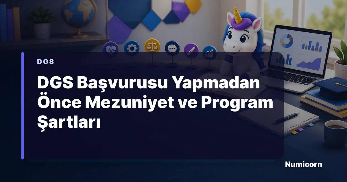 DGS başvurusu öncesi mezuniyet ve program şartlarını kontrol eden Numicorn maskotu