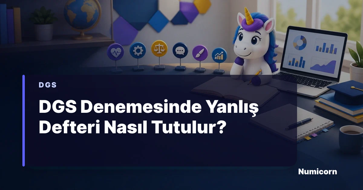 DGS deneme yanlış defteri tablosunu inceleyen Numicorn maskotu