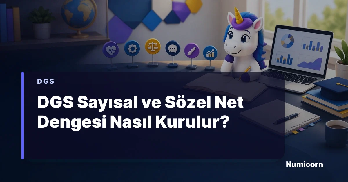 DGS sayısal ve sözel net dengesini gösteren tabloyu inceleyen Numicorn maskotu