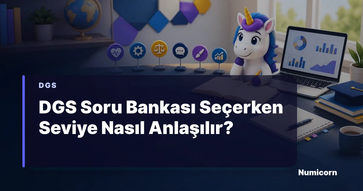 DGS soru bankası seviye kontrol tablosunu inceleyen Numicorn maskotu