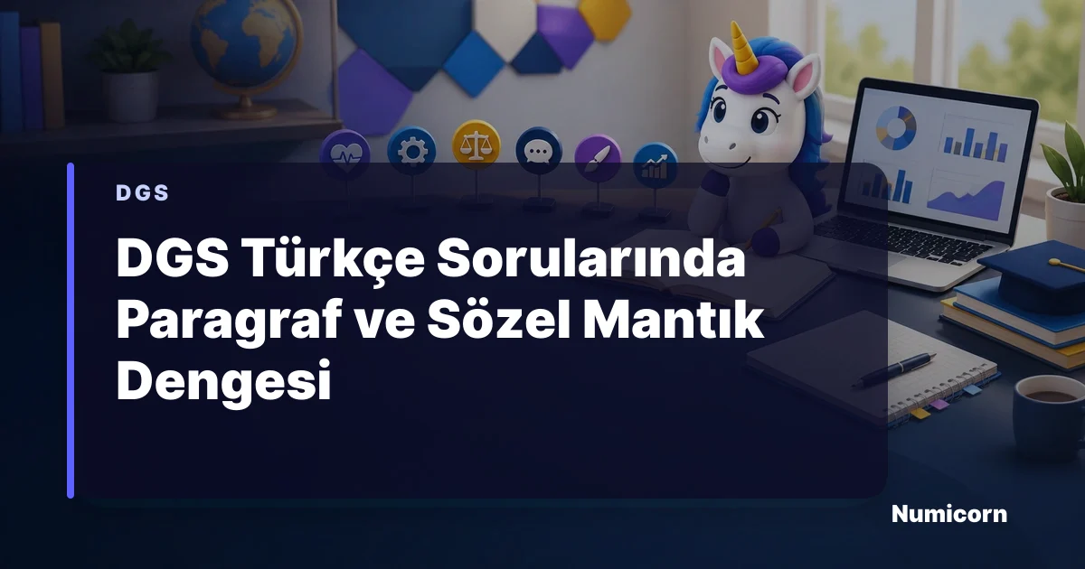 DGS Türkçe paragraf ve sözel mantık denge tablosunu inceleyen Numicorn maskotu
