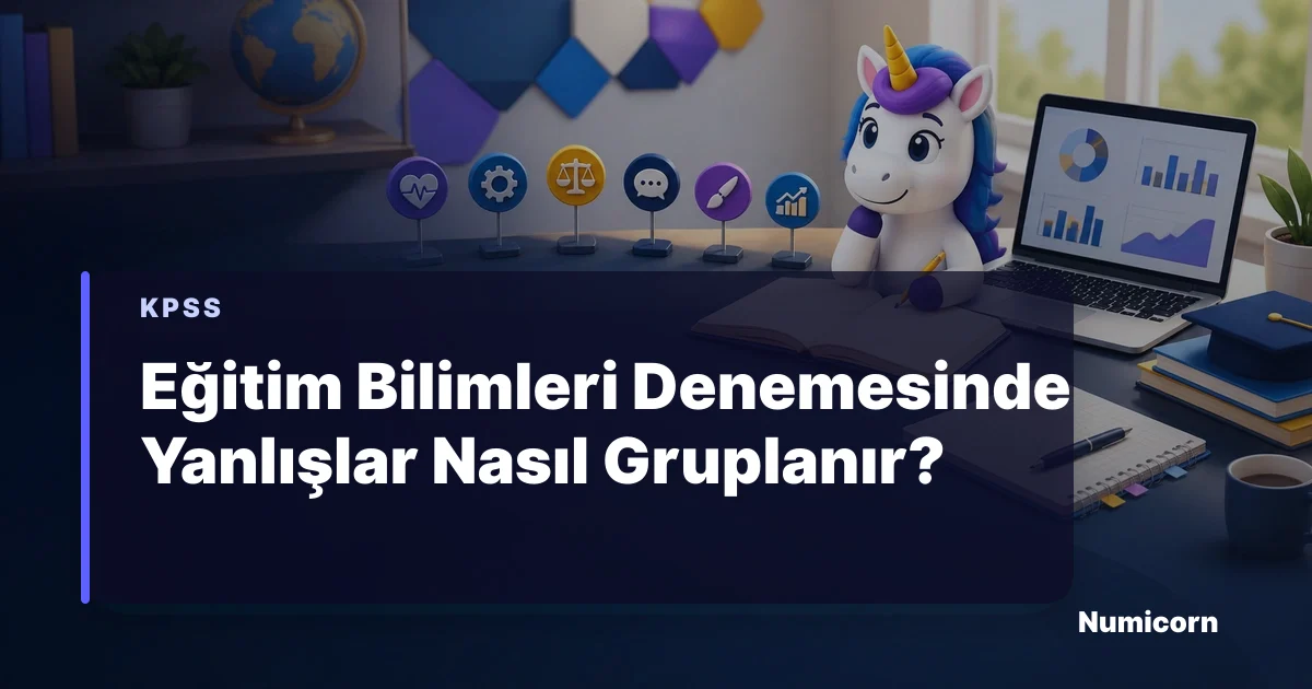 Eğitim Bilimleri deneme yanlışlarını tabloyla gruplandıran Numicorn maskotu