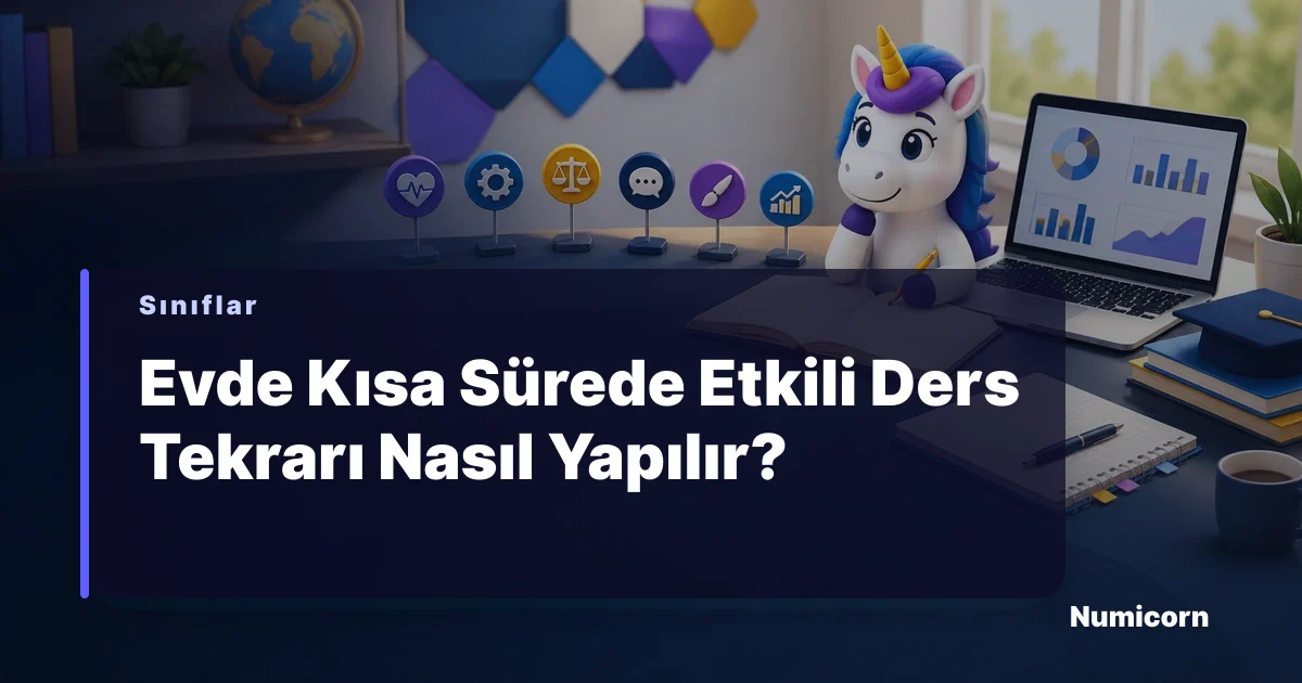 Evde ders çalışan bir öğrencinin masasında ders kitapları ve not defterleri olan bir görsel.