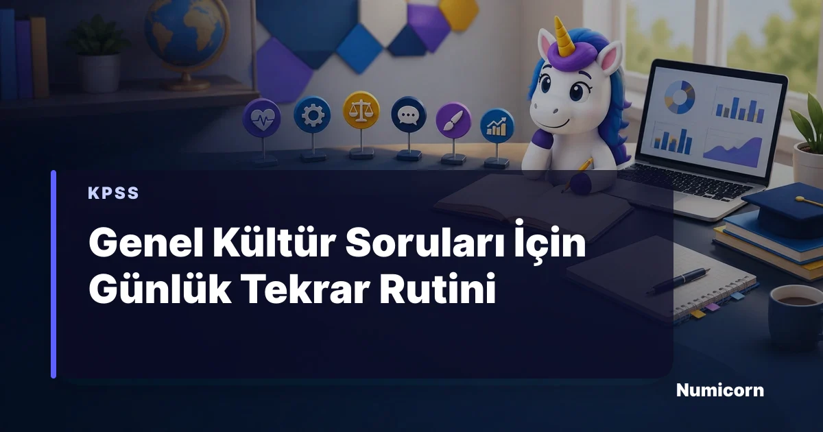 Genel kültür günlük tekrar tablosunu inceleyen Numicorn maskotu
