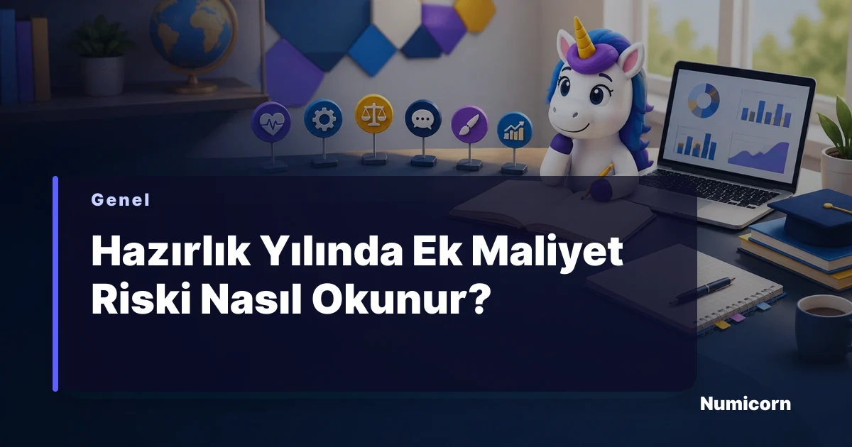 Hazırlık yılı ek maliyet risk tablosunu inceleyen Numicorn maskotu