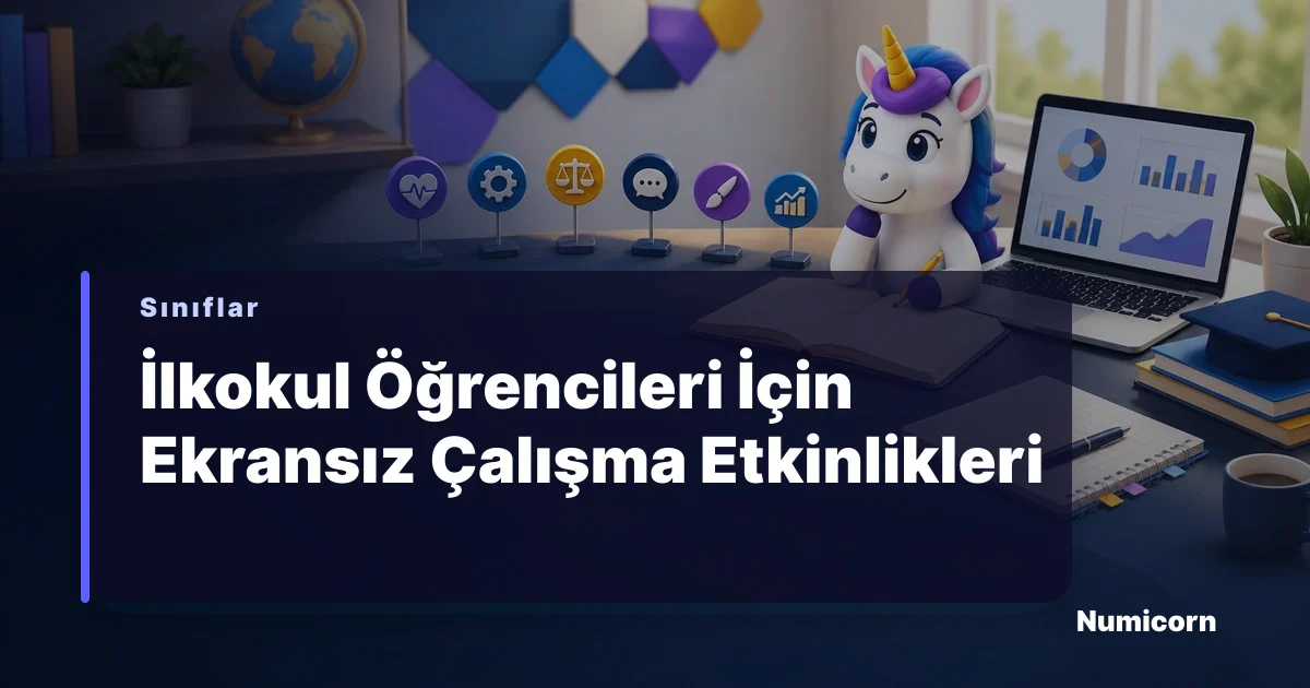 İlkokul öğrencisi masasında kitap ve boya kalemleriyle ekransız ders çalışıyor.