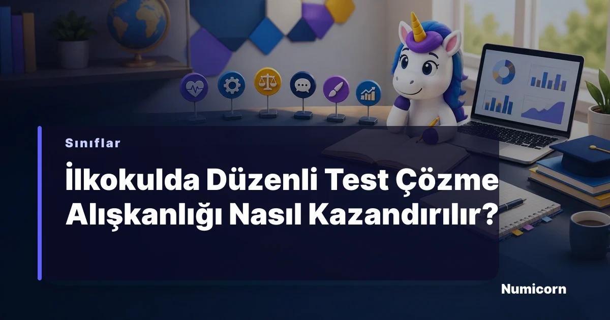 İlkokul öğrencisi masasında ders çalışıyor, test çözüyor.