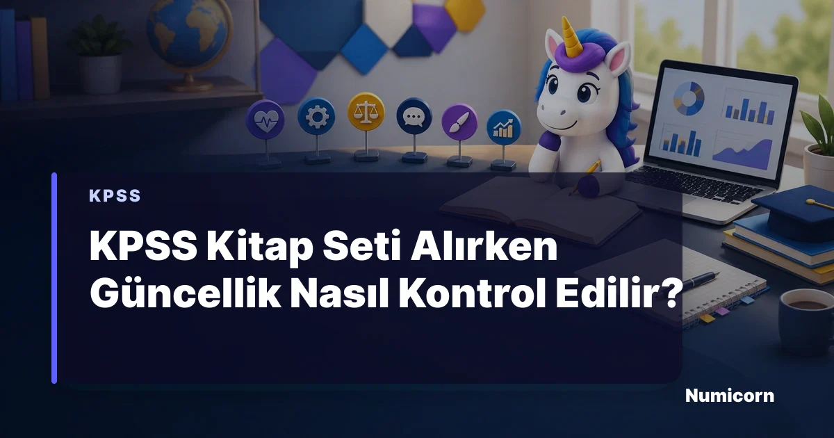 KPSS kitap seti güncellik kontrol listesini inceleyen Numicorn maskotu