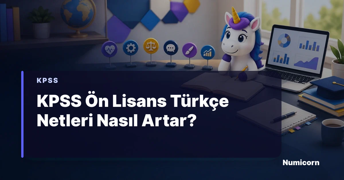 KPSS ön lisans Türkçe netlerini artırmak için çalışma planı yapan Numicorn maskotu