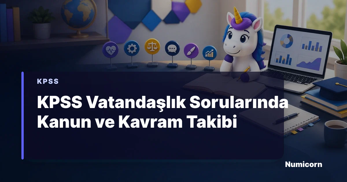 KPSS vatandaşlık kanun ve kavramlarını tabloyla takip eden Numicorn maskotu