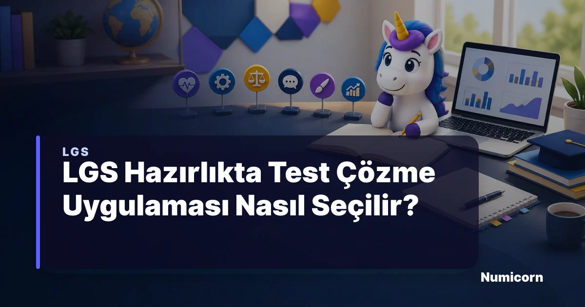 LGS hazırlıkta test çözme uygulaması seçimini anlatan Numicorn maskotlu konu, test ve çalışma planı görseli