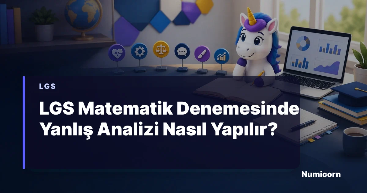 LGS matematik deneme yanlışlarını analiz eden Numicorn maskotu