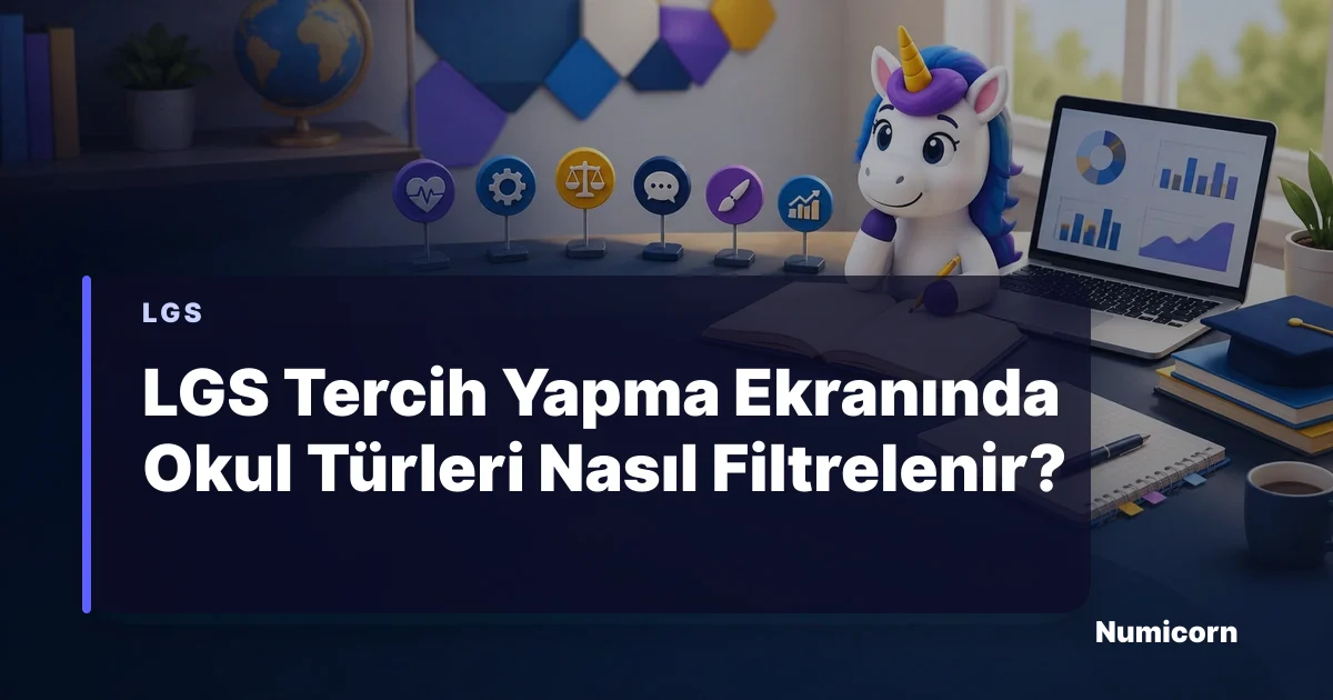 LGS tercih ekranında okul türlerini filtreleyen Numicorn maskotu
