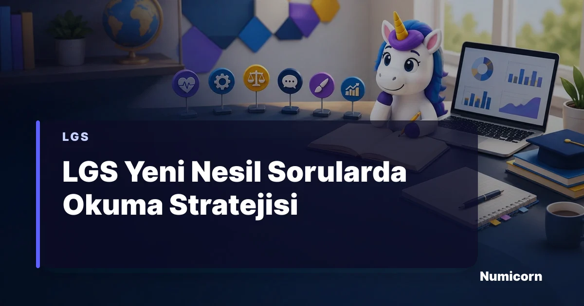 LGS yeni nesil sorularda okuma stratejisi çalışan Numicorn maskotu