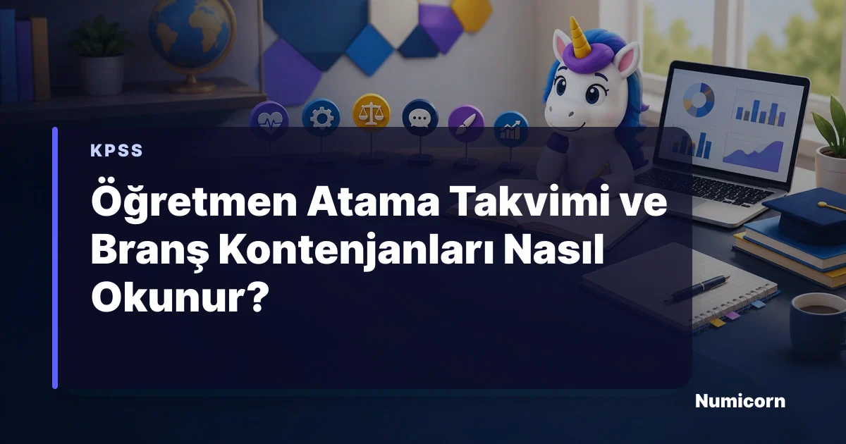Öğretmen atama takvimi ve branş kontenjanlarını inceleyen Numicorn maskotu