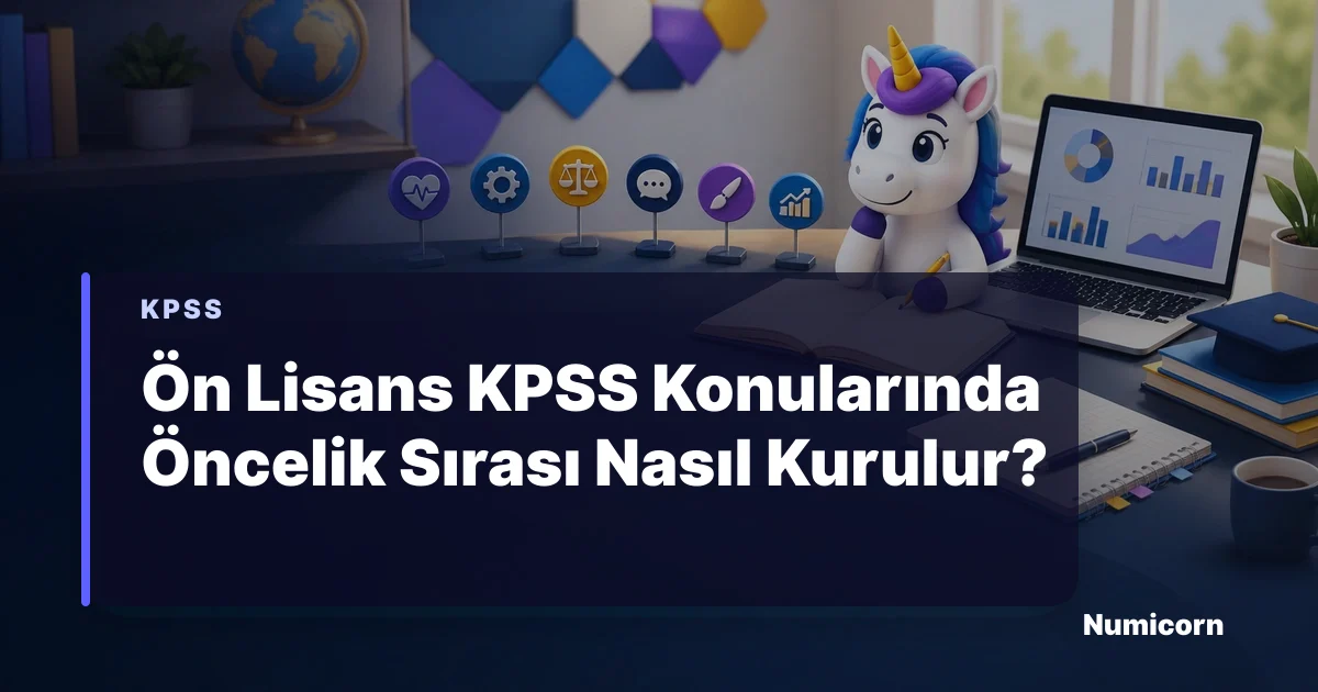 Ön Lisans KPSS konu öncelik sırasını planlayan Numicorn maskotu