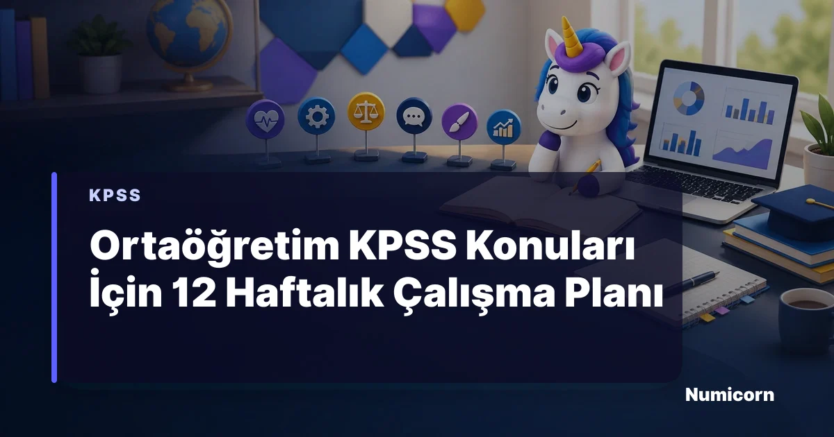Ortaöğretim KPSS için 12 haftalık çalışma takvimi hazırlayan Numicorn maskotu