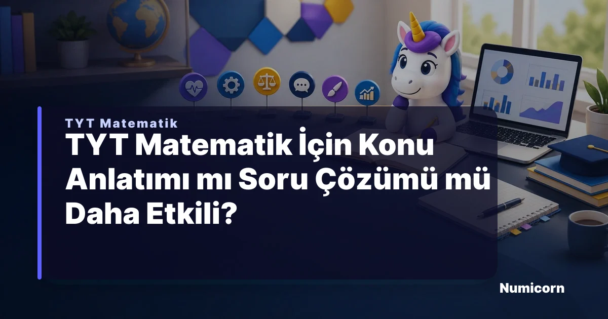TYT Matematik için konu anlatımı ve soru çözümünü birlikte gösteren Numicorn maskotlu çalışma görseli