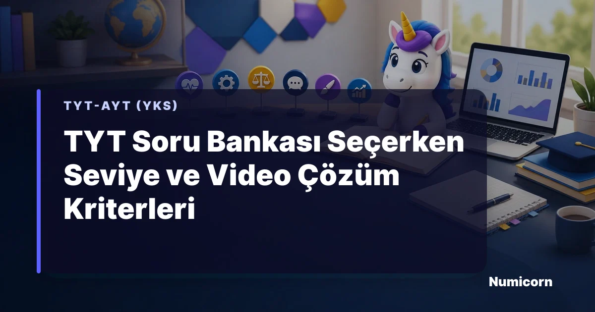 TYT soru bankası seviye ve video çözüm kriterlerini inceleyen Numicorn maskotu