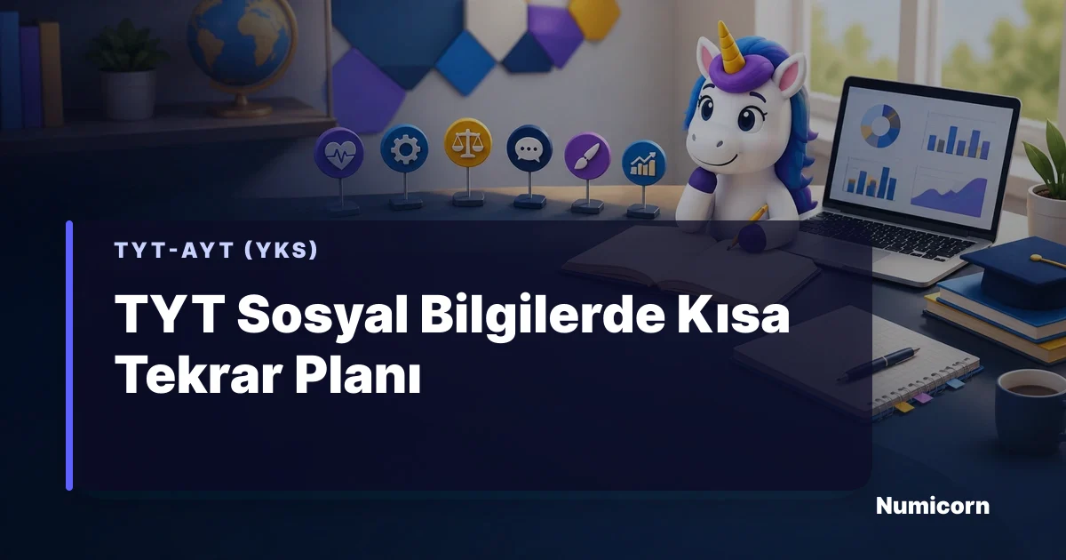TYT Sosyal Bilgiler kısa tekrar planı yapan Numicorn maskotu