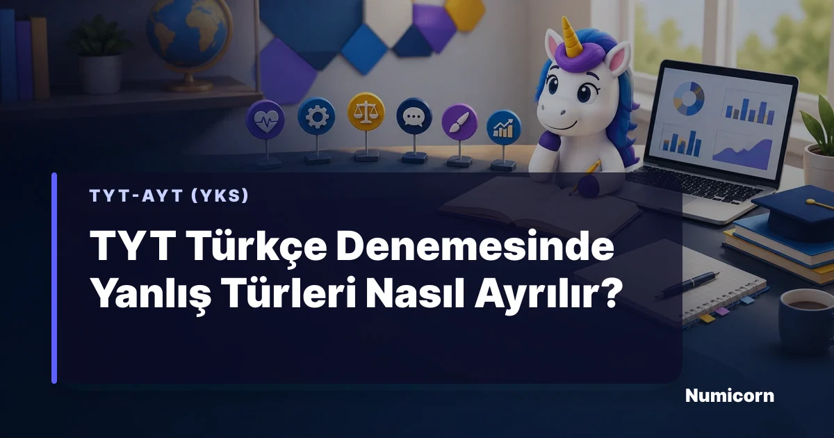 TYT Türkçe denemesi yanlış türlerini ayıran Numicorn maskotu
