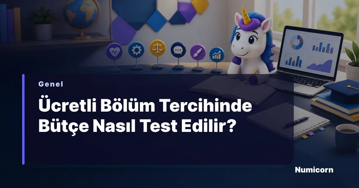 Ücretli bölüm tercihinde bütçe test tablosunu inceleyen Numicorn maskotu