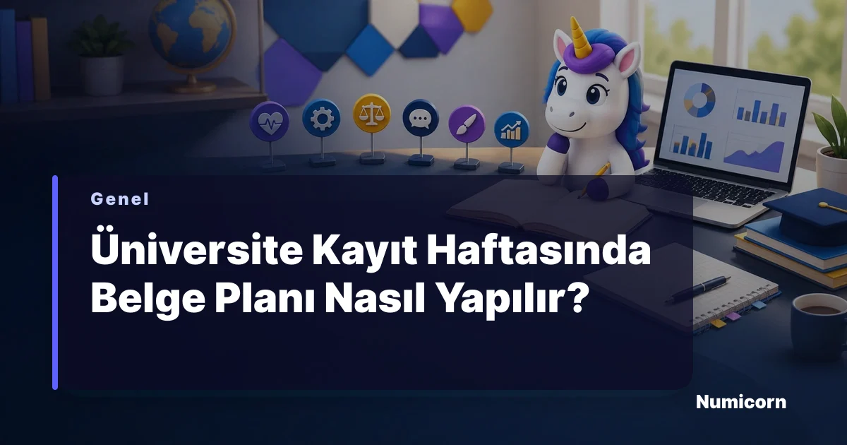Üniversite kayıt haftası belge planı hazırlayan Numicorn maskotu